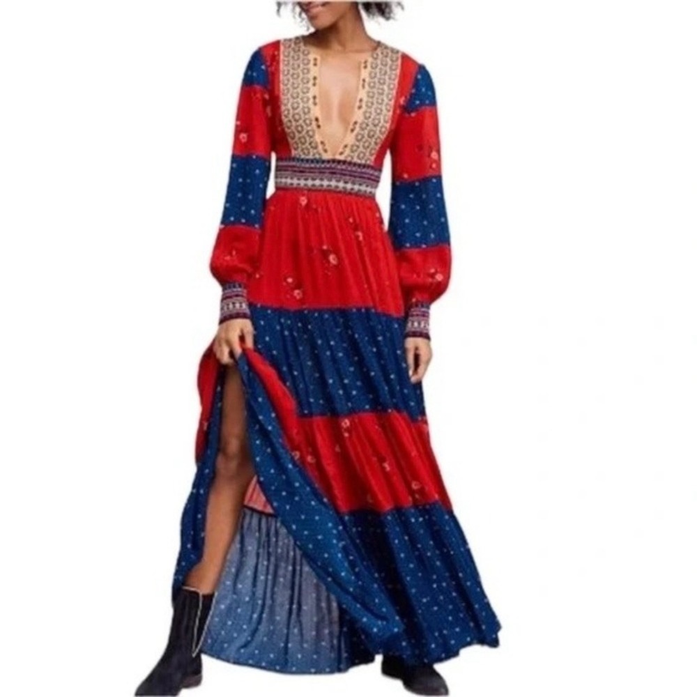 Free People Rare Feelings Red Blue Floral Embroidered Tiered Boho Maxi Dress XS